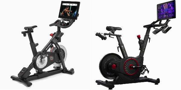 Side by side comparison of NordicTrack Commercial S22i Studio Cycle and Echelon EX5-S Smart Connect Bike.