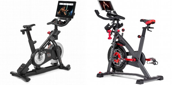 Side by side comparison of NordicTrack Commercial S22i Studio Cycle and Schwinn IC4 Indoor Cycling Bike.