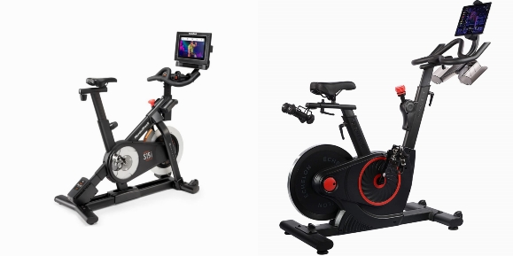 Side by side comparison of NordicTrack Commercial S15i Studio Cycle and Echelon EX5 Smart Connect Bike.