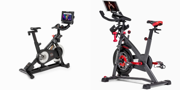 Side by side comparison of NordicTrack Commercial S15i Studio Cycle and Schwinn IC4 Indoor Cycling Bike.