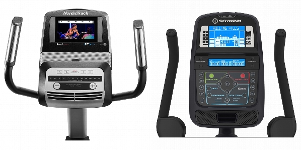 Consoles of NordicTrack Commercial VU 19 and Schwinn 170 Upright Bike.