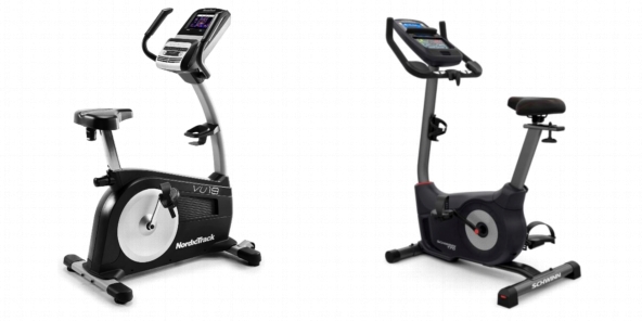Side by side comparison of NordicTrack Commercial VU 19 and Schwinn 170 Upright Bike.